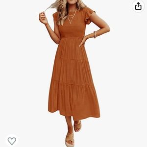 Women's Flutter Short Sleeve Crew Neck Smocked Elastic Waist Tiered Midi Dress